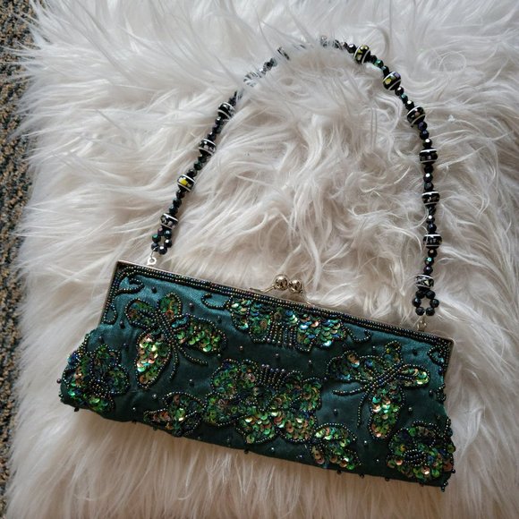 Bisou Bisou Emerald Green Beaded Clutch Evening Bag - Picture 12 of 13